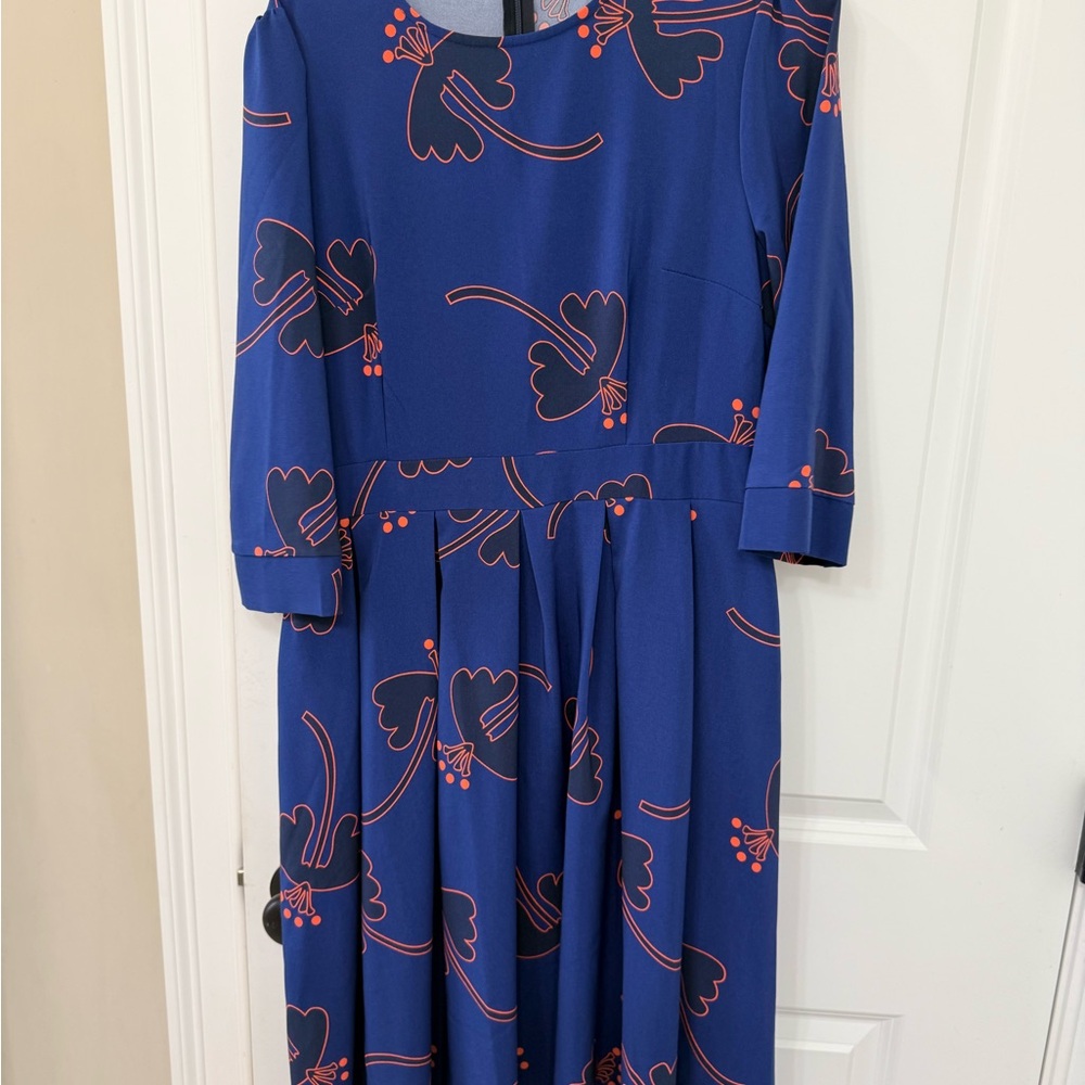 Royal Blue Floral Midi Dress with Coral Accents